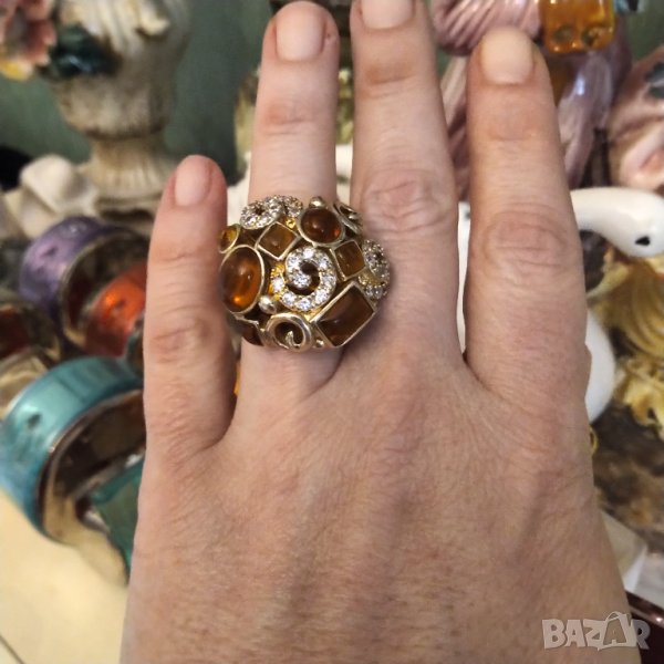 Oxette масивен сребърен пръстен с позлата и кехлибар  , снимка 1