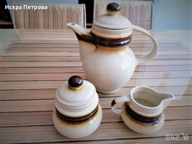 Български троен керамичен сет - кана, захарница и съд за мляко, снимка 1