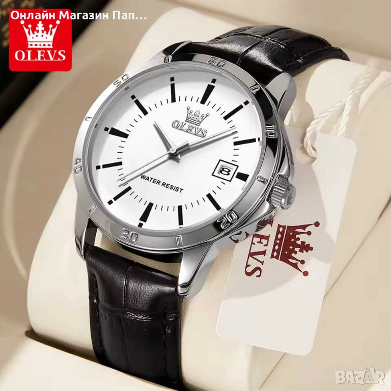 OLEVS TY716 мъжки кварцов часовник с кожена каишка, календар, водоустойчив, снимка 1