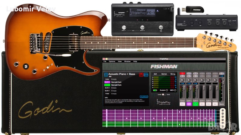 Godin Session TriplePlay wireless MIDI guitar controller + case + FC-1 + software, снимка 1