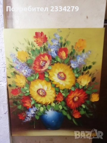 Стара картина натюрморт ,,Ваза с цветя" платно, маслени бои., снимка 3 - Картини - 53644847