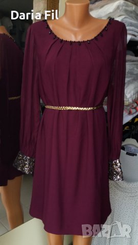 УНИКАЛНО КРАСИВА рокля в цвят марсала с пайети по ръкавите и около деколтето , снимка 6 - Рокли - 38969331