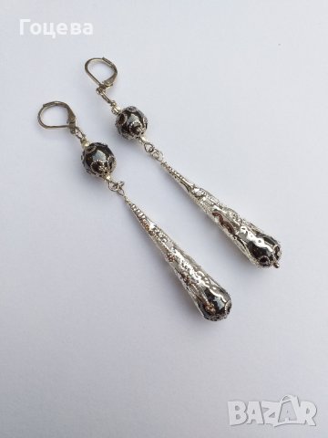 Разкошни обици с камъни Хематит и богати орнаменти в цвят сребро, снимка 5 - Обеци - 41565971