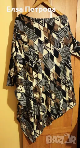 Асиметрична интересна туника/рокля на фигури в бежово, черно и кафяво, снимка 2 - Рокли - 43245267