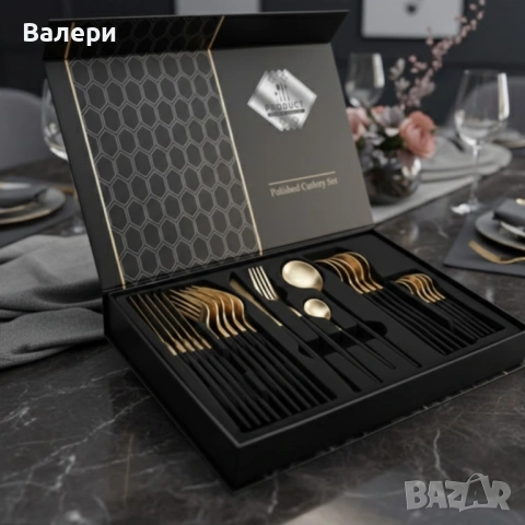 Комплект прибори за хранене от 24 части с луксозен дизайн и магнитна кутия в златисто и черно, снимка 2 - Прибори за хранене, готвене и сервиране - 53201283