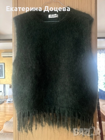 Тъмнозелен пуловер мохер, без ръкав, с ресни, снимка 2 - Блузи с дълъг ръкав и пуловери - 52658973