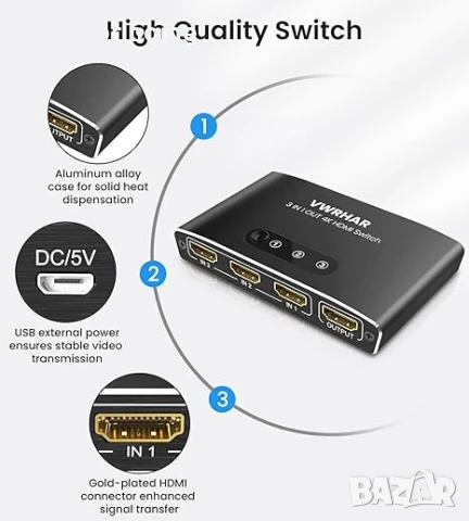 HDMI превключвател 3 в 1 изход 4K UHD , снимка 7 - Суичове - 50754158
