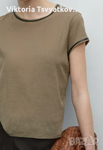 Кафява тениска с кант от естествена кожа Massimo Dutti - размер XS, снимка 4 - Тениски - 56215571