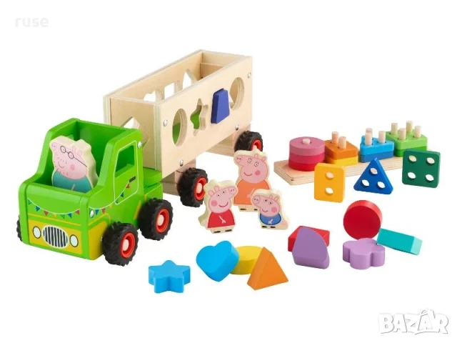НОВИ! Дървен камион с форми Peppa Pig Прасето Пепа голям 35см