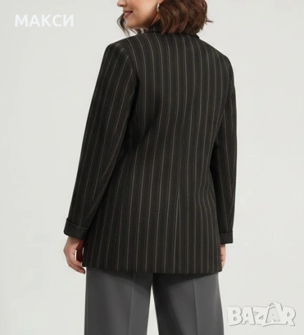 Макси елегантно еластично луксозно сако в райе с подплата, подплънки рамене, джобове, уголемено в бю, снимка 2 - Сака - 49235347