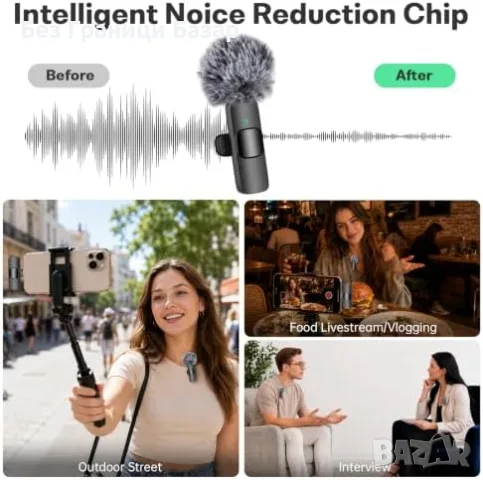Нов Безжичен двоен Lavalier микрофон за iPhone Android USB-C Lightning TikTok влог видео, снимка 4 - Микрофони - 56196068