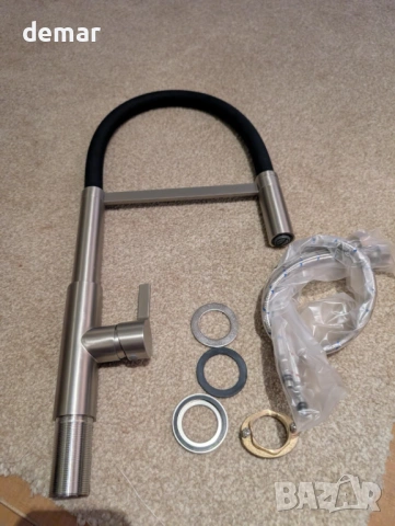 Смесител за кухненска мивка с издърпващ се разпръсквач, еднолостов, хром, снимка 9 - Смесители - 53427477