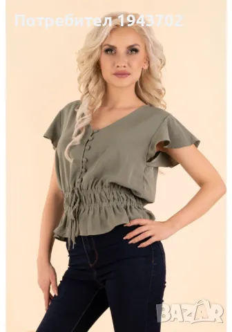 Дамска блуза с къс ръкав в цвят каки Etiar, снимка 5 - Корсети, бюстиета, топове - 48045436