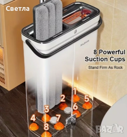 Система/Комплект Нов, за почистване, с моп и кофа, тънък, с разделение за сухо и мокро, снимка 2 - Други стоки за дома - 53200378