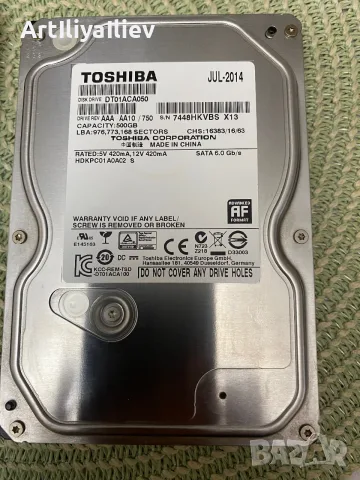 500GB хард диск Toshiba, HDD, 2.5", SATA3, 7200 RPM, 100%