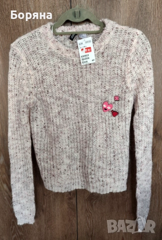 H&M нов с етикет пуловер розов меналж с брошки, снимка 6 - Блузи с дълъг ръкав и пуловери - 53446207