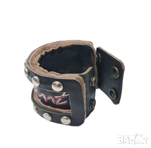 Тъмно Кафяв Кожен Маншет в Пънк/Рок Стил, Гривна с Капси, снимка 5 - Гривни - 53008134