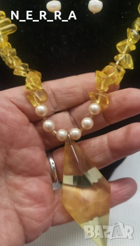 Комплект колие и обици от цитрин и перли, снимка 2 - Колиета, медальони, синджири - 53563781