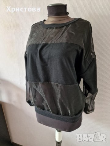 Блуза в черно с тюлен ръкав тип суитшърт-10,00лв., снимка 3 - Блузи с дълъг ръкав и пуловери - 42666625