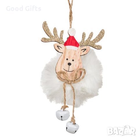 3 броя Дървени коледни висулки за елха, Пухкаво Бяло Еленче, 17см