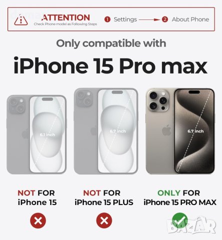 Калъф Dexnor за iPhone 15 Pro Max Съвместим с MagSafe, вграден протектор за екрана и стойка, черен, снимка 6 - Калъфи, кейсове - 44264568