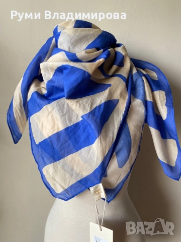 Бял/ син шал  Soleil Soleil от 100 % органик памук, с етикет, снимка 4 - Шалове - 52533920