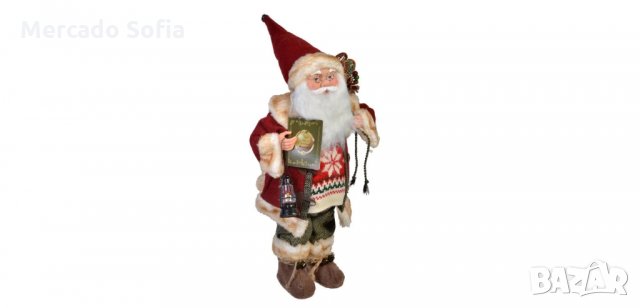 Коледна реалистична фигура Дядо Коледа с книга и фенер, 46см 