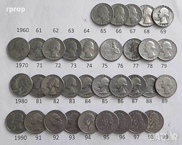 Монети. САЩ. 1/4 Американски долари . Quarter . Пълен комплект. 33  бройки. От 1965 до 1998 г. вкл., снимка 2 - Нумизматика и бонистика - 30118402