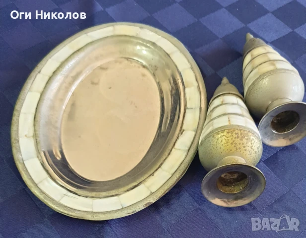 Старинни посребрени солници с поднос със седефени орнаменти, снимка 4 - Антикварни и старинни предмети - 50593519