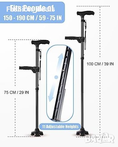 Нов Сгъваем бастун с регулируеми височини LED светлина Жени Мъже възрастни хора, снимка 6 - Други стоки за дома - 41991056