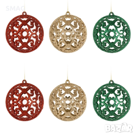 Комплект коледни топки червено-зелено-златни ажур Ø8 см_1240997