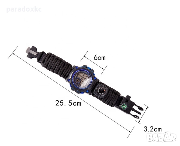 Тактически 7-в-1 Survival Часовник – Водоустойчив до 50 м с Паракорд Гривна, Компас и Кремък, снимка 5 - Мъжки - 52369150