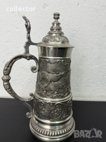 Уникална калаена халба с капак / ловни мотиви. №7460, снимка 5 - Антикварни и старинни предмети - 51988329