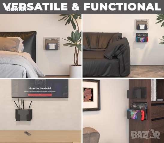 sciuU Стойка за стена, Универсален метален рафт за съхранение на 2 устройства с дебелина < 4 см, снимка 6 - Други стоки за дома - 44658684