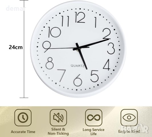 Стенен часовник декоративен модерен кръгъл , безшумен, без тиктакане, 10-инчов, с батерии, бял, снимка 4 - Стенни часовници - 44438075