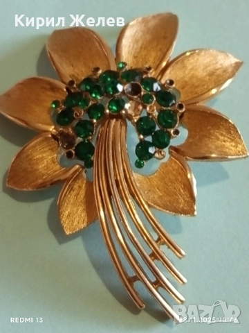 Брошка с златист тон във формата на цвете със ЗЕЛЕН ИЗУМРУД 31904, снимка 6 - Други - 52570626