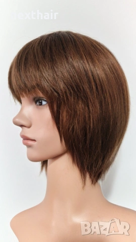 Естествена къса кафява перука с бретон, снимка 3 - Аксесоари за коса - 53148847