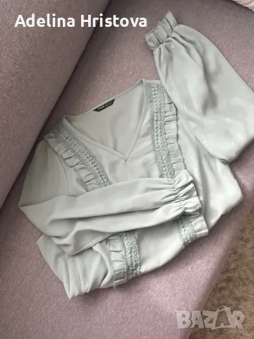 Нежна ментова блуза Shein с широки ръкави, снимка 2 - Блузи с дълъг ръкав и пуловери - 49796832