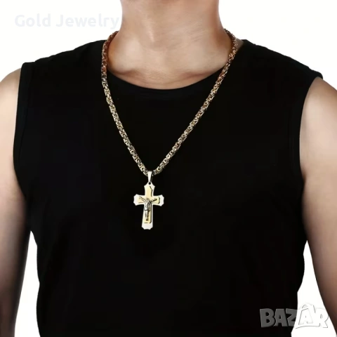 Кръст и верижка ланец от медицинско злато 18K златно покритие, снимка 3 - Бижутерийни комплекти - 53060568