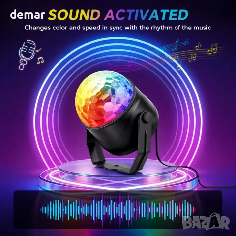 RGB диско светлина, 360° въртяща се диско топка със звуково активиране и дистанционно, 2 броя, снимка 3 - Лед осветление - 53429300