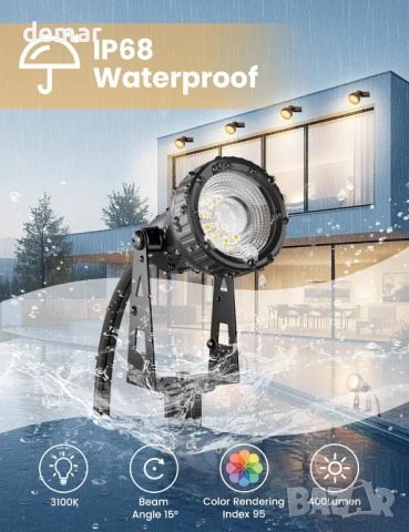 Градински прожектори ZOTOYI - 14 метра, 4-в-1, 400 лумена, 3100K, IP68, снимка 2 - Лед осветление - 51225500