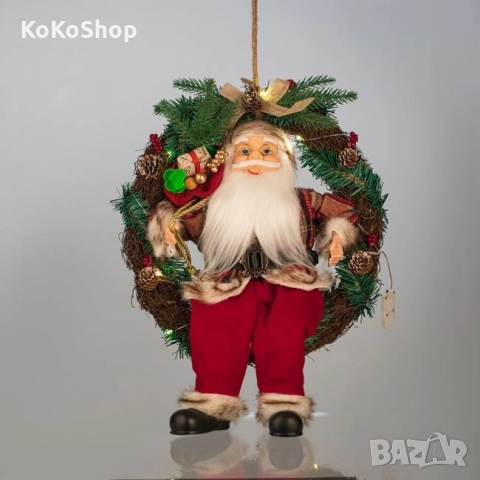 Светещ Коледен венец с Дядо Коледа-45 см./коледен венец с LED осветлиние/венец за коледна украса, снимка 2 - Декорация за дома - 52445755