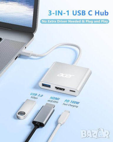 Acer USB C хъб, 3 в 1 с 5Gbps USB 3.0 GEN1 порт, 4K HDMI и PD Max 100W, снимка 2 - Кабели и адаптери - 44322766