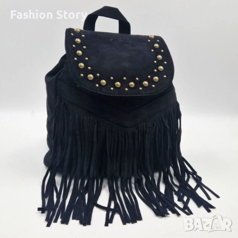 Велурена дамска раница с ресни и метални нитове – бохо стил и практичност, снимка 4 - Чанти - 52459114
