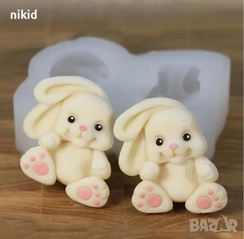 2 сладки усмихнати зайчета зайче заек силиконов молд форма фондан шоколад гипс смола декор, снимка 2 - Форми - 53852638