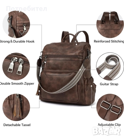 Дамска кожена раница с много джобове, снимка 5 - Раници - 51518273