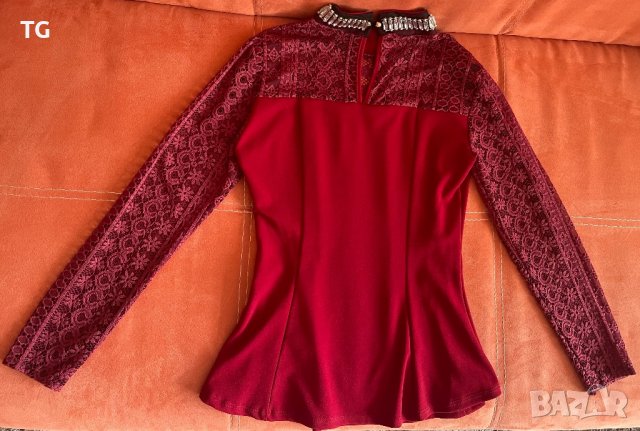 Червена дамска блуза с дантелени ръкави и ефектна яка, снимка 3 - Блузи с дълъг ръкав и пуловери - 39733998