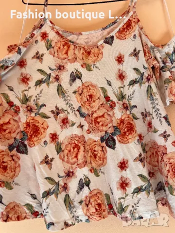 Памучна блуза с флорален десен къс ръкав и изрязан детайл на раменете 🌻🌼🌸🌺, снимка 3 - Корсети, бюстиета, топове - 47957746