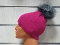 Нова зимна дамска шапка покрита с камъчета и с пух в цвят циклама, снимка 6