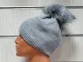 Нова зимна дамска шапка с камъчета отпред и с пух/помпон в светлосив цвят, снимка 6